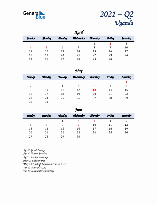 April, May, and June Calendar for Uganda with Sunday Start