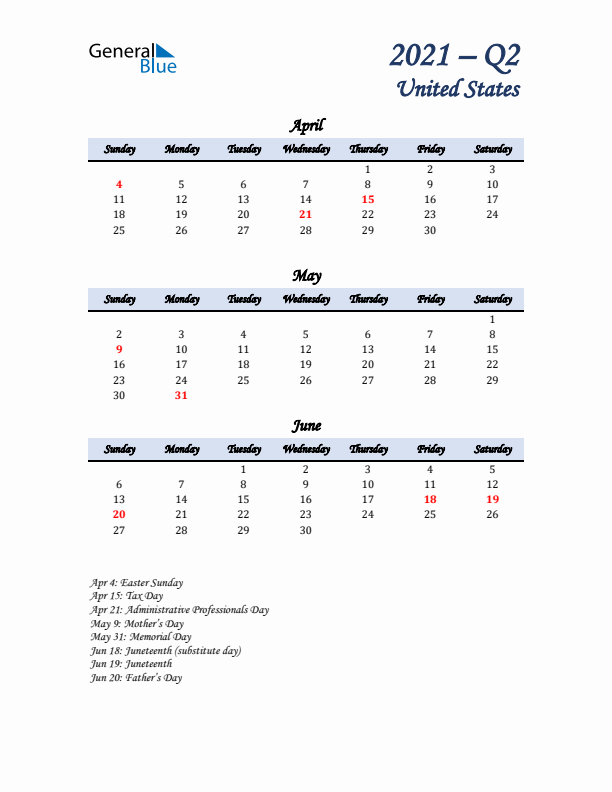 April, May, and June Calendar for United States with Sunday Start