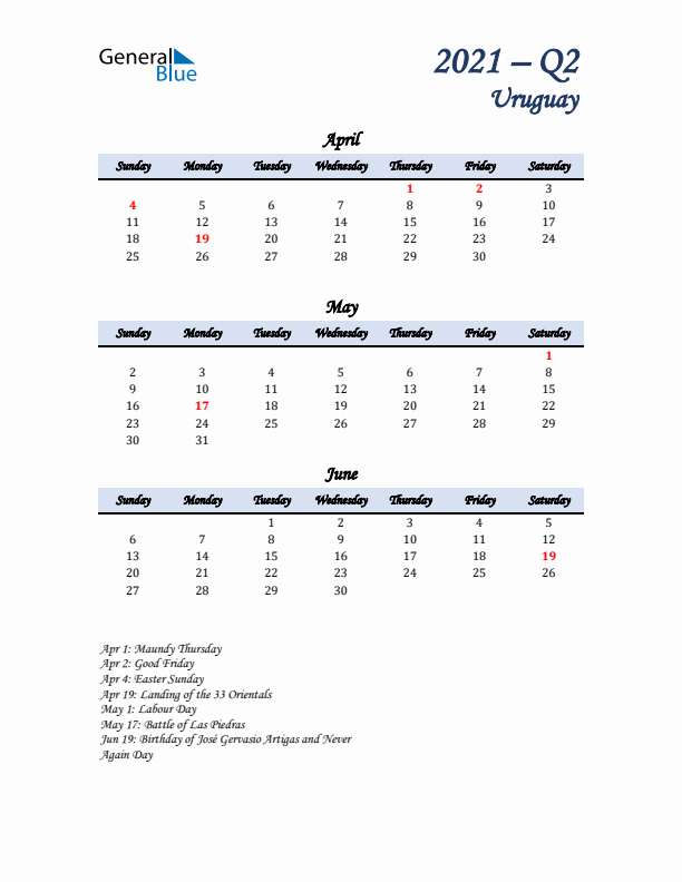 April, May, and June Calendar for Uruguay with Sunday Start