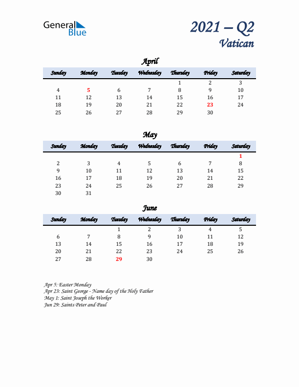 April, May, and June Calendar for Vatican with Sunday Start