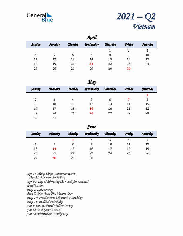 April, May, and June Calendar for Vietnam with Sunday Start