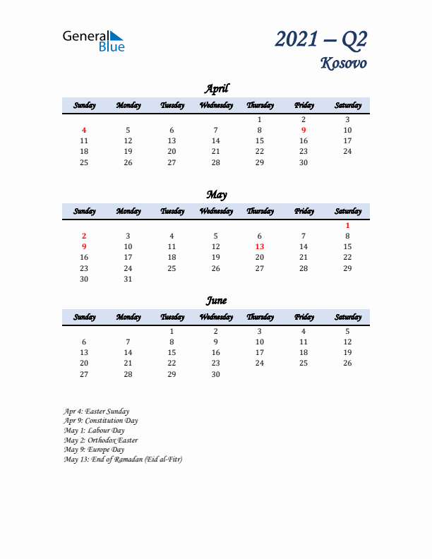 April, May, and June Calendar for Kosovo with Sunday Start