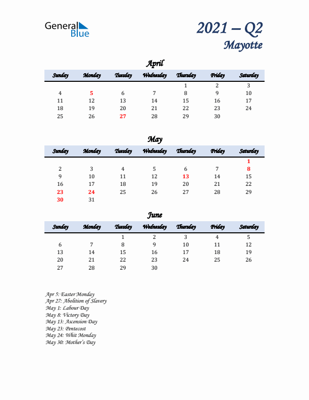 April, May, and June Calendar for Mayotte with Sunday Start