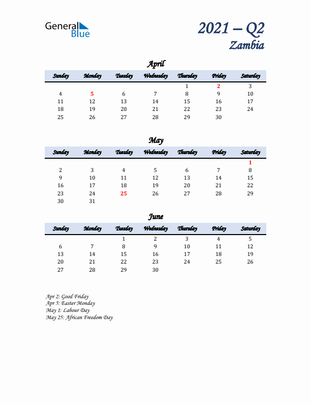 April, May, and June Calendar for Zambia with Sunday Start