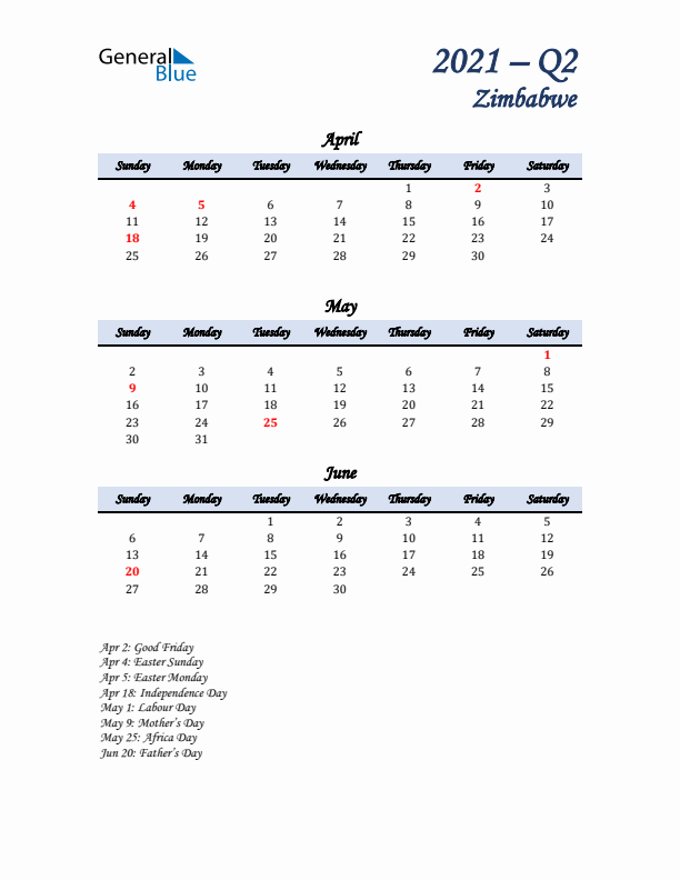 April, May, and June Calendar for Zimbabwe with Sunday Start