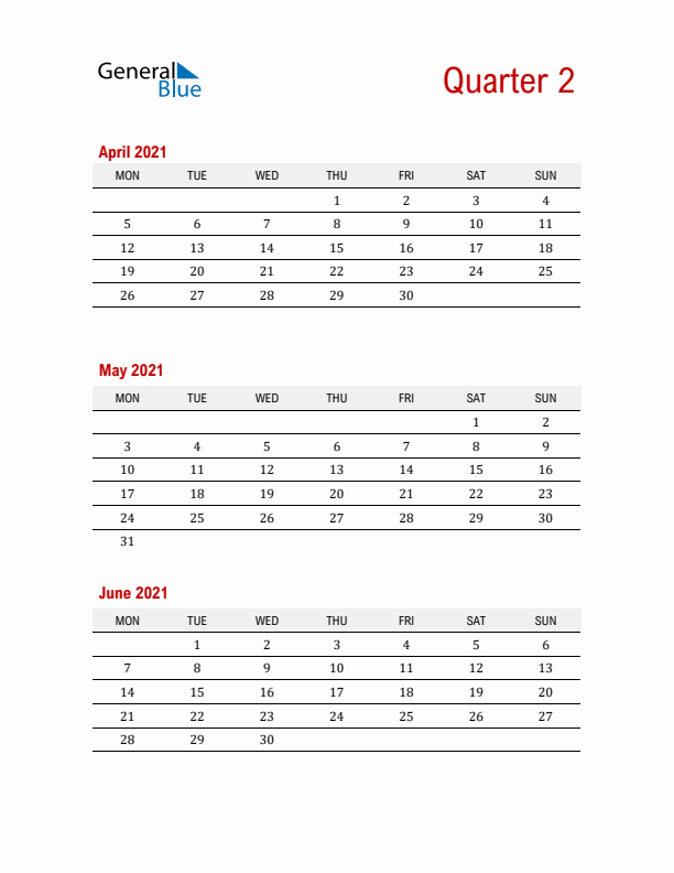 Three-Month Printable Calendar 2021