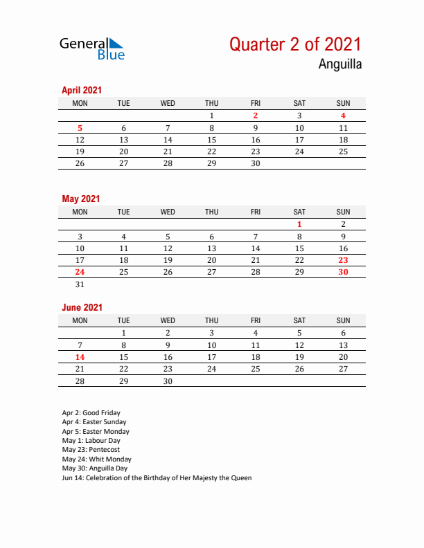 Printable Three Month Calendar with Anguilla Holidays