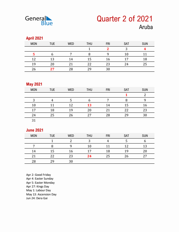 Printable Three Month Calendar with Aruba Holidays