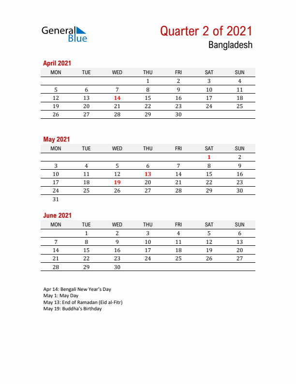 Printable Three Month Calendar with Bangladesh Holidays