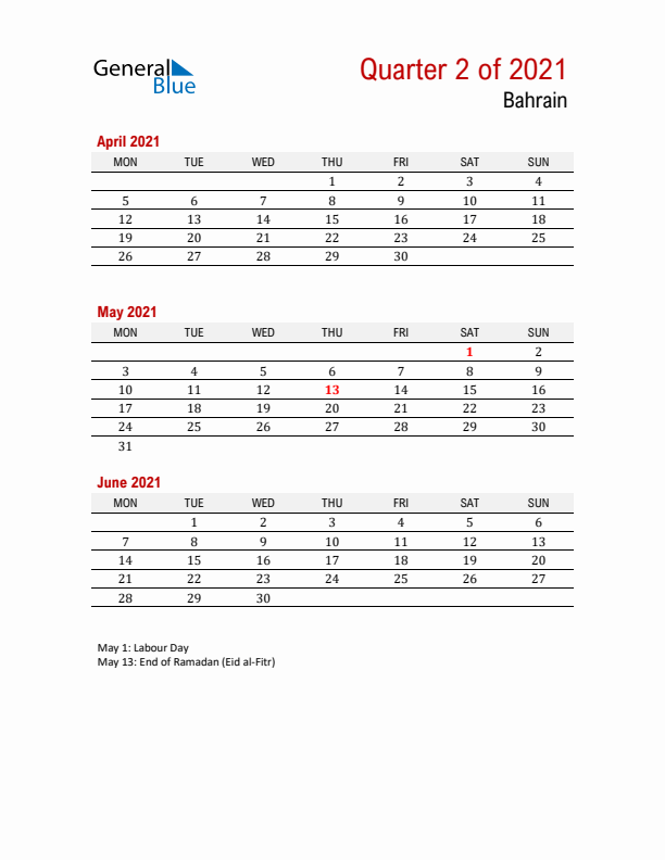 Printable Three Month Calendar with Bahrain Holidays