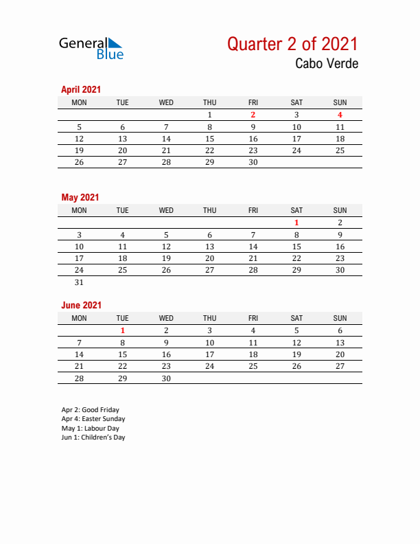 Printable Three Month Calendar with Cabo Verde Holidays