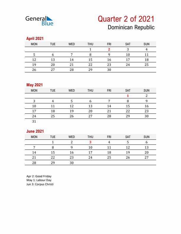 Printable Three Month Calendar with Dominican Republic Holidays