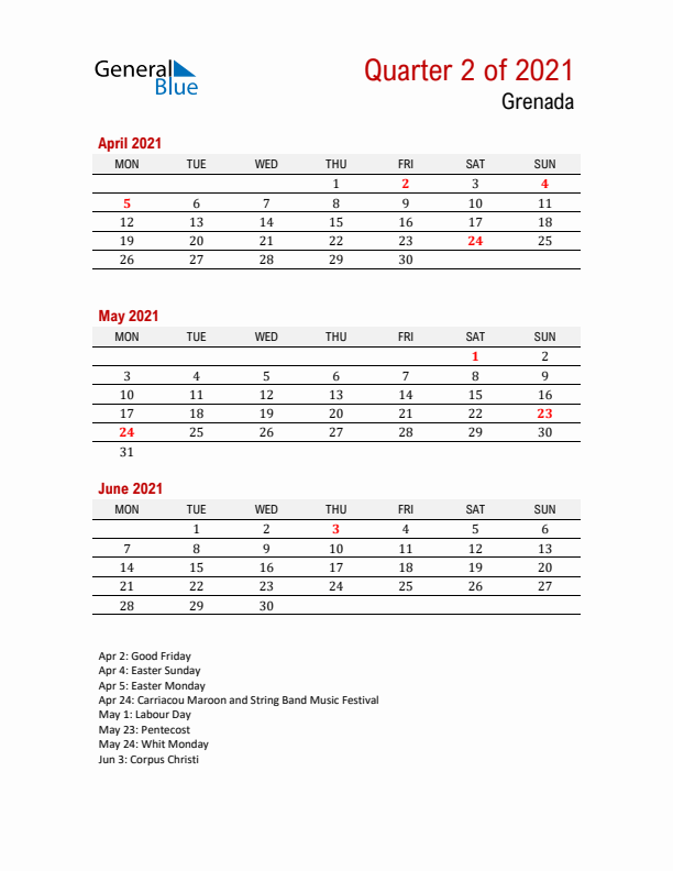 Printable Three Month Calendar with Grenada Holidays