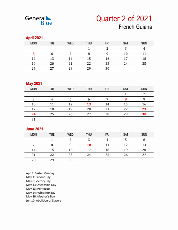 Printable Three Month Calendar with French Guiana Holidays