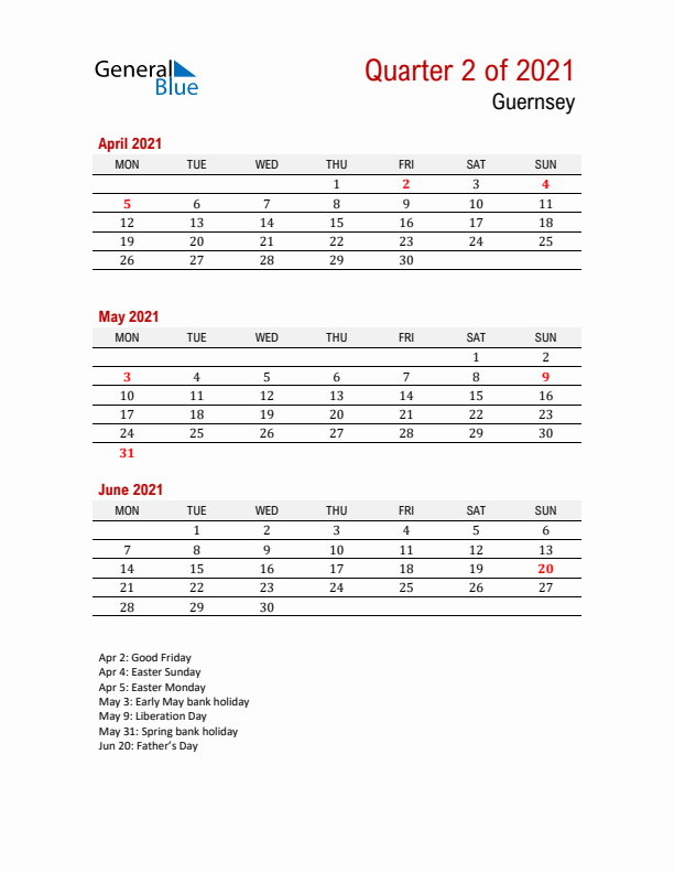 Printable Three Month Calendar with Guernsey Holidays