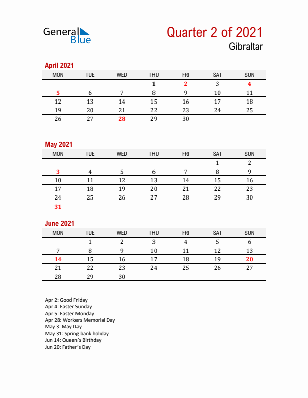 Printable Three Month Calendar with Gibraltar Holidays