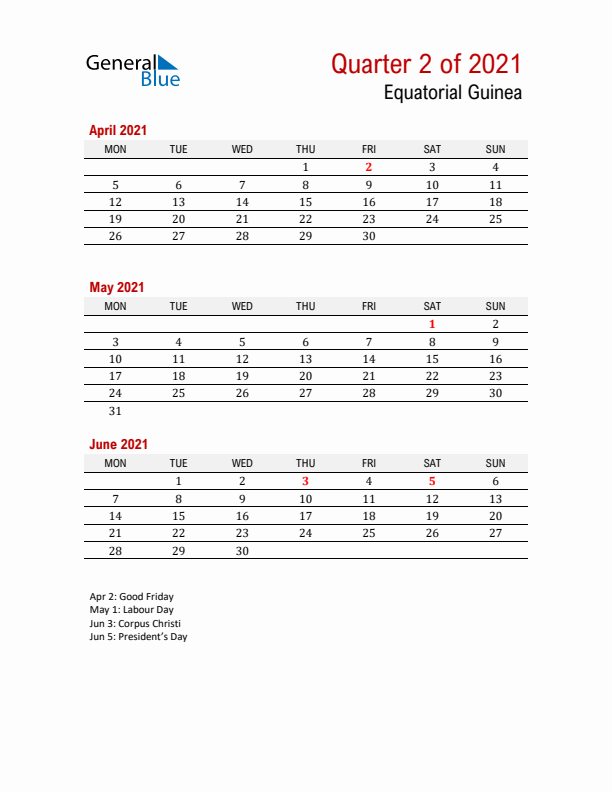 Printable Three Month Calendar with Equatorial Guinea Holidays