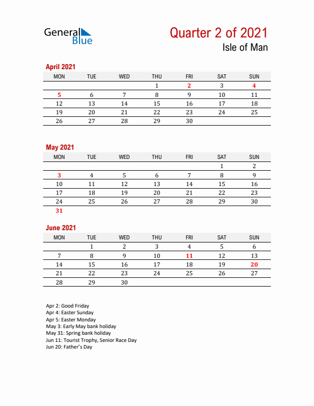 Printable Three Month Calendar with Isle of Man Holidays