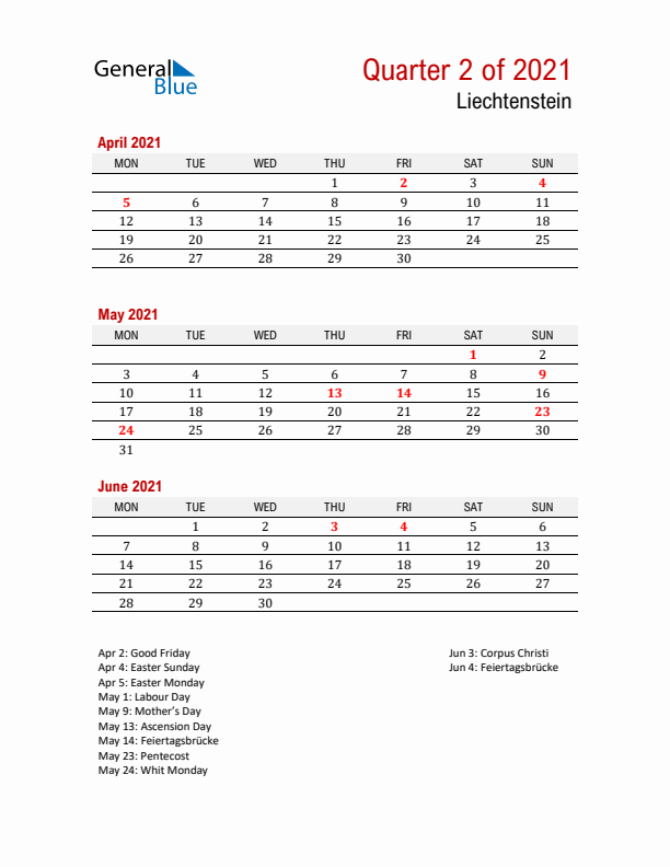 Printable Three Month Calendar with Liechtenstein Holidays