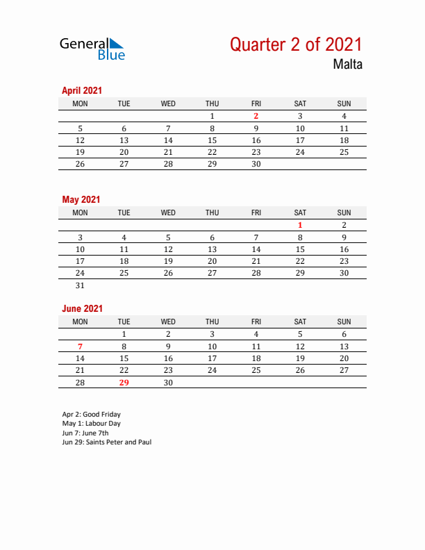 Printable Three Month Calendar with Malta Holidays