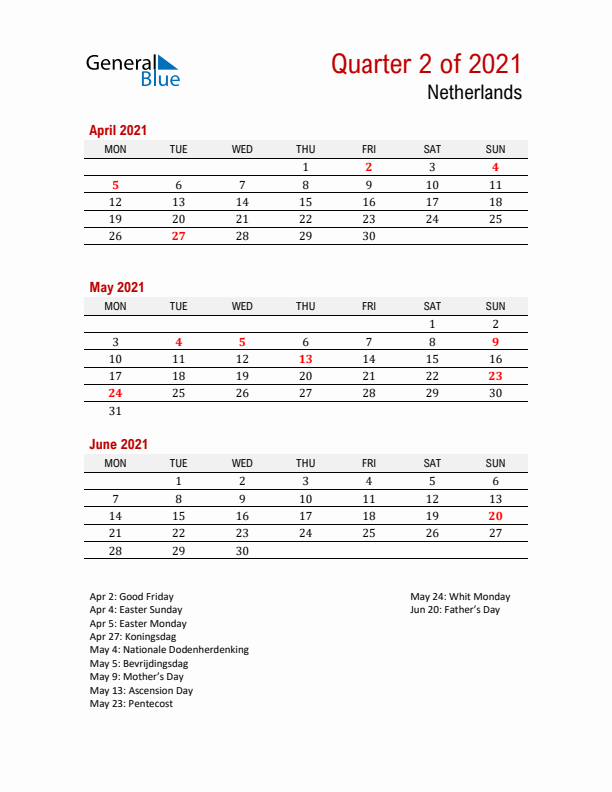 Printable Three Month Calendar with The Netherlands Holidays