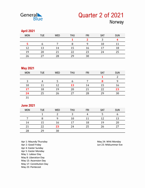 Printable Three Month Calendar with Norway Holidays