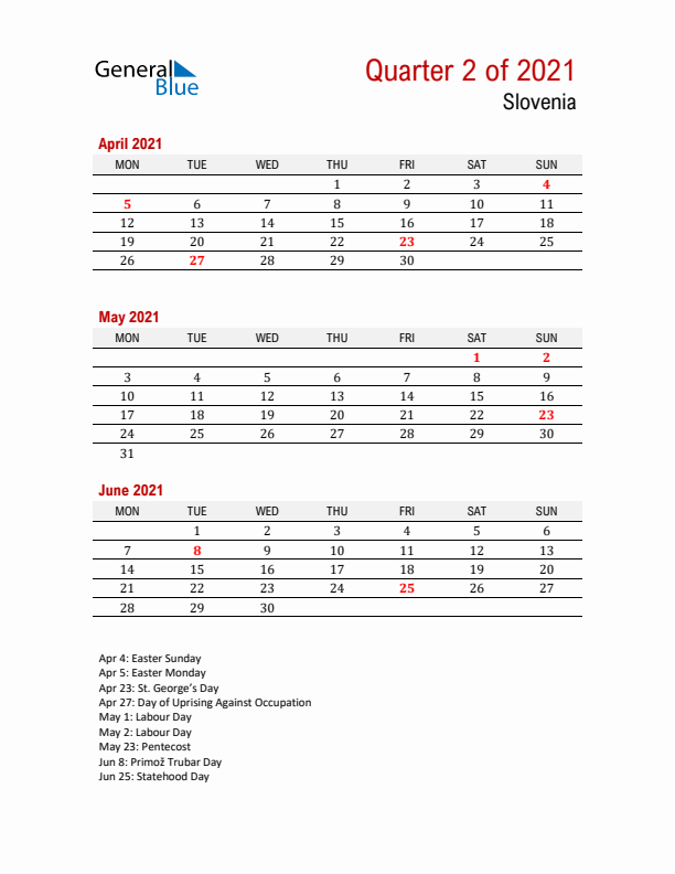 Printable Three Month Calendar with Slovenia Holidays