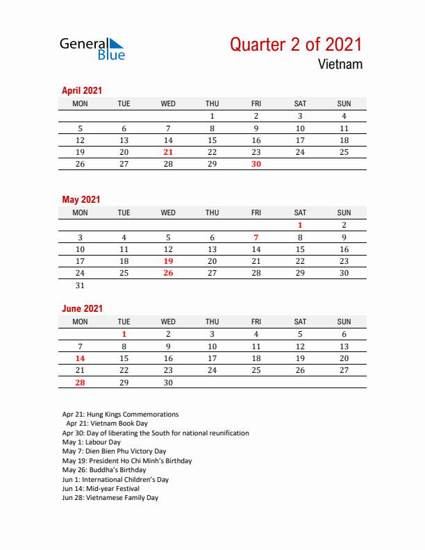 Printable Three Month Calendar with Vietnam Holidays