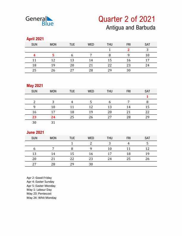 Printable Three Month Calendar with Antigua and Barbuda Holidays