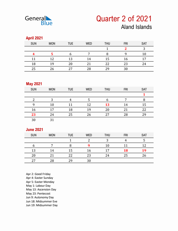 Printable Three Month Calendar with Aland Islands Holidays