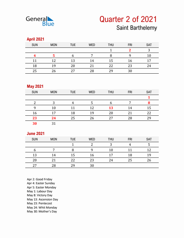 Printable Three Month Calendar with Saint Barthelemy Holidays