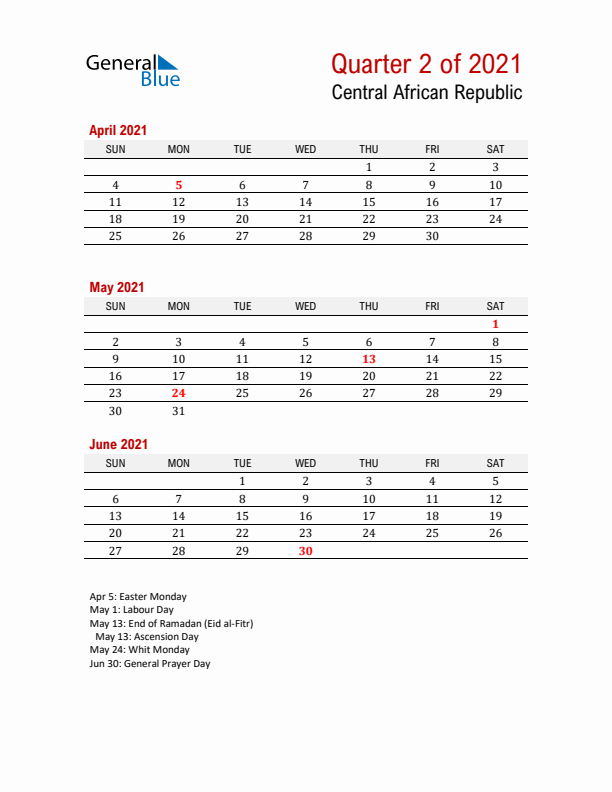 Printable Three Month Calendar with Central African Republic Holidays