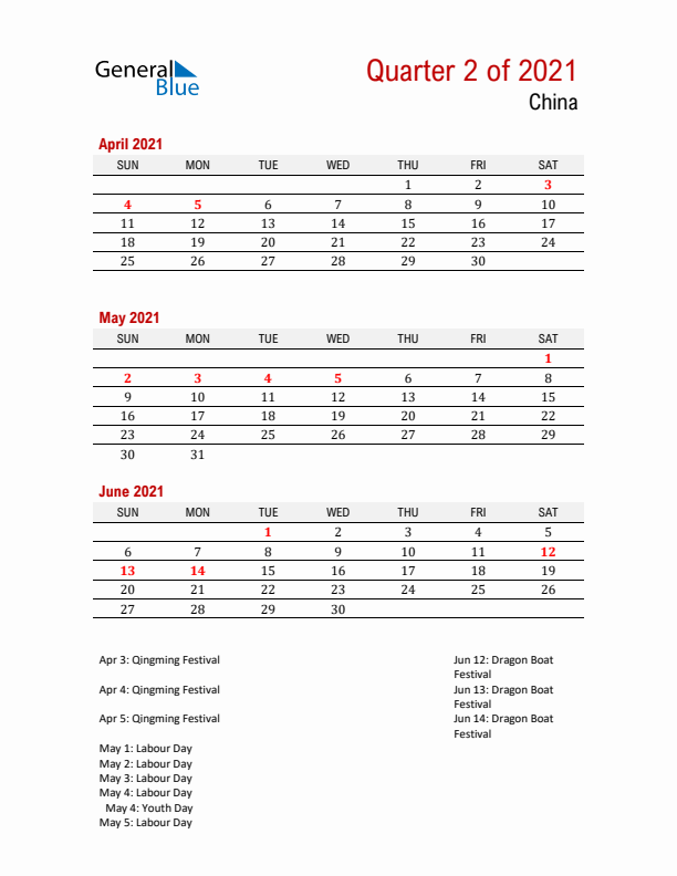 Printable Three Month Calendar with China Holidays