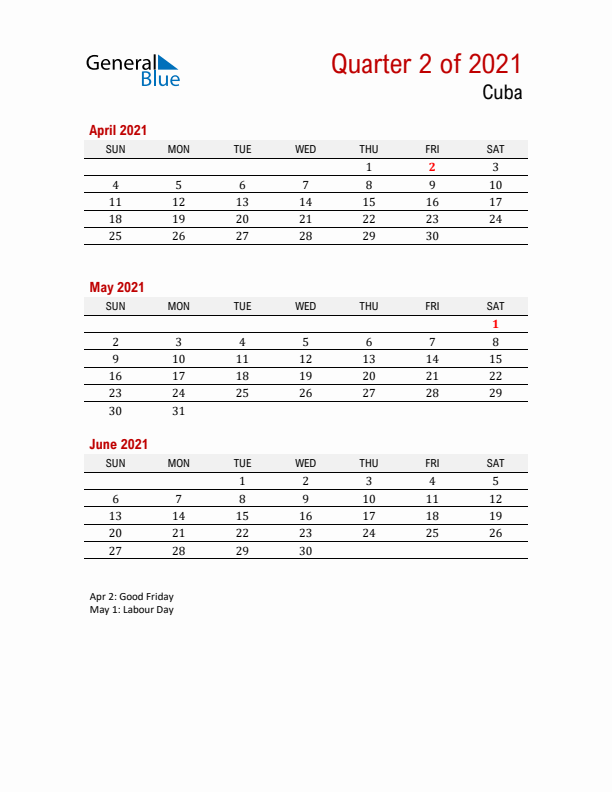 Printable Three Month Calendar with Cuba Holidays