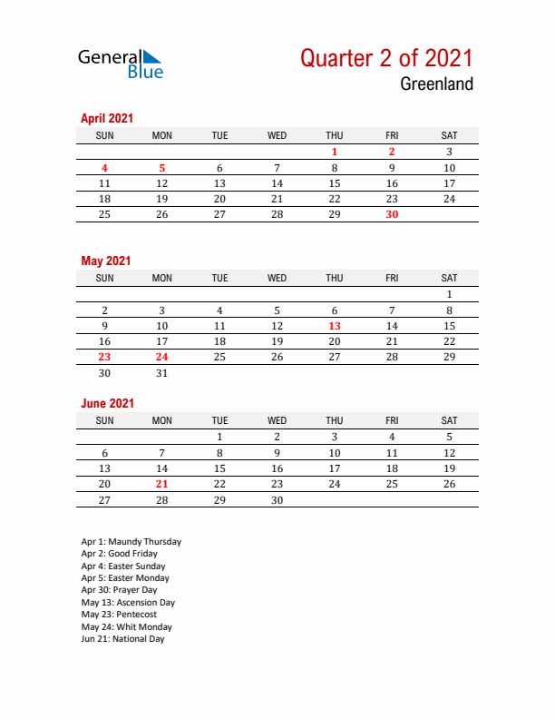 Printable Three Month Calendar with Greenland Holidays