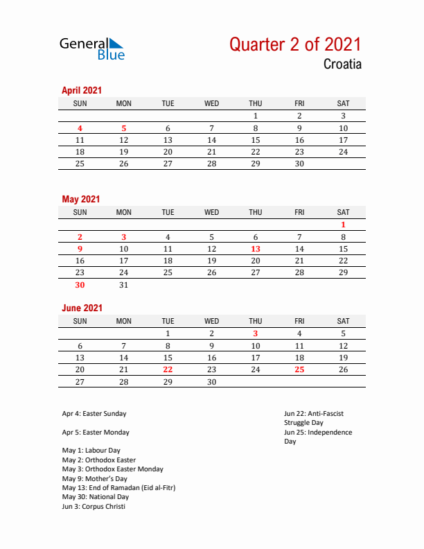 Printable Three Month Calendar with Croatia Holidays