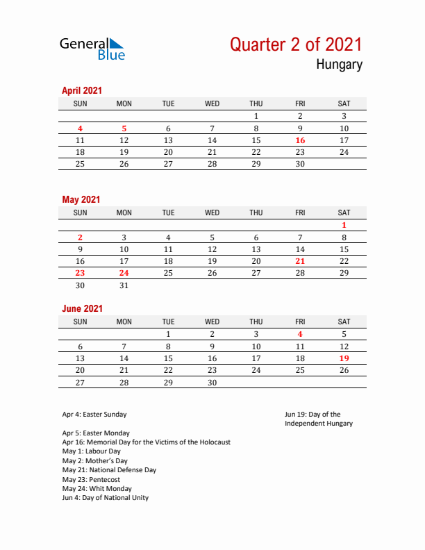 Printable Three Month Calendar with Hungary Holidays