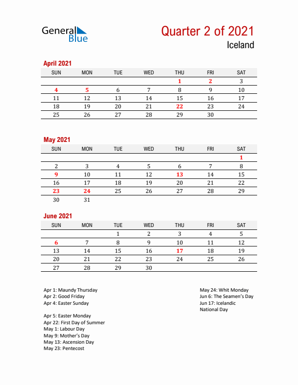 Printable Three Month Calendar with Iceland Holidays