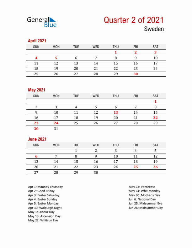 Printable Three Month Calendar with Sweden Holidays