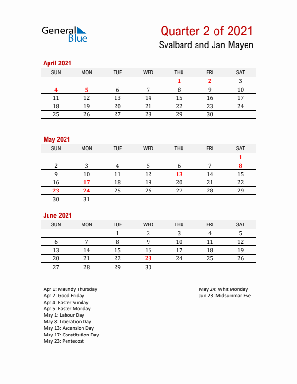 Printable Three Month Calendar with Svalbard and Jan Mayen Holidays