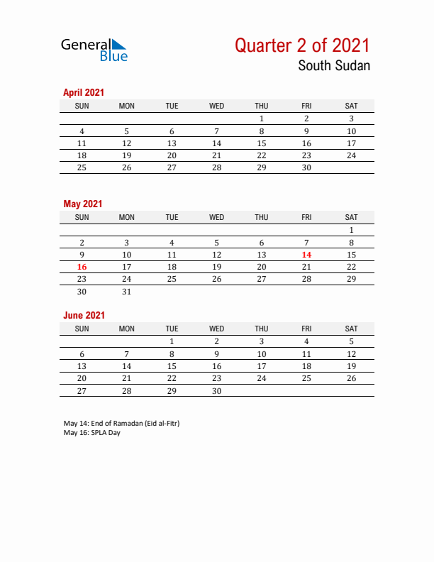 Printable Three Month Calendar with South Sudan Holidays