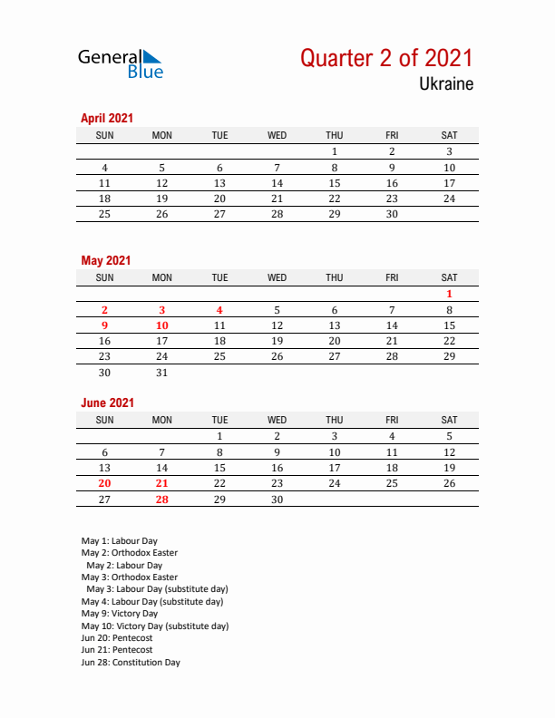 Printable Three Month Calendar with Ukraine Holidays