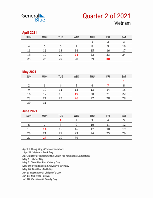 Printable Three Month Calendar with Vietnam Holidays