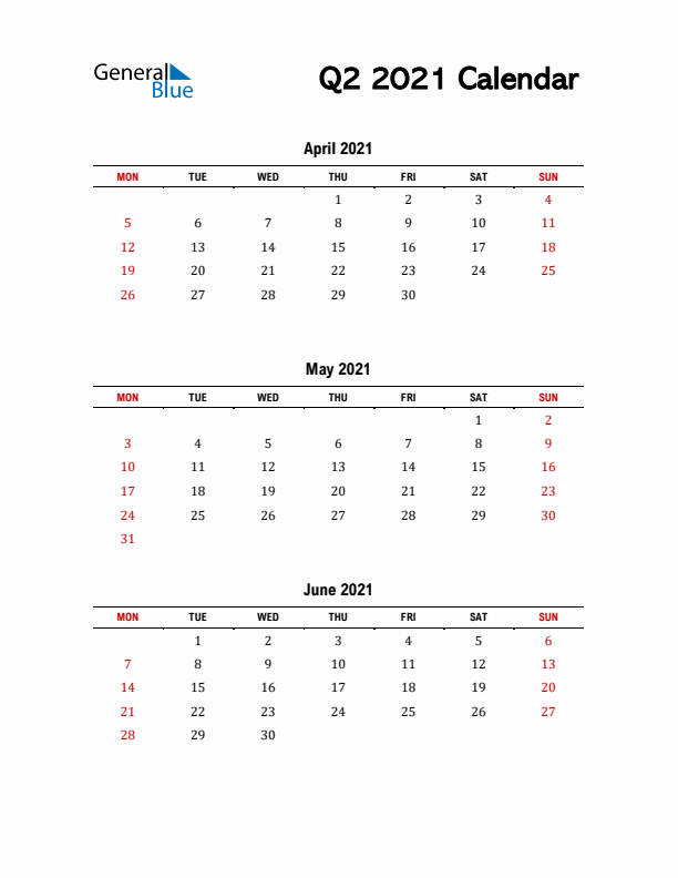 2021 Q2 Calendar with Red Weekend