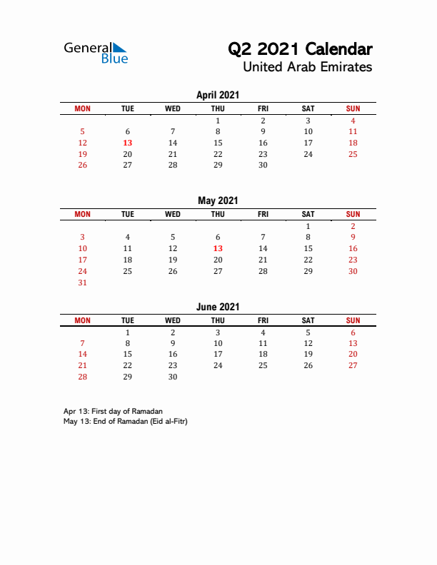 2021 Q2 Calendar with Holidays List for United Arab Emirates