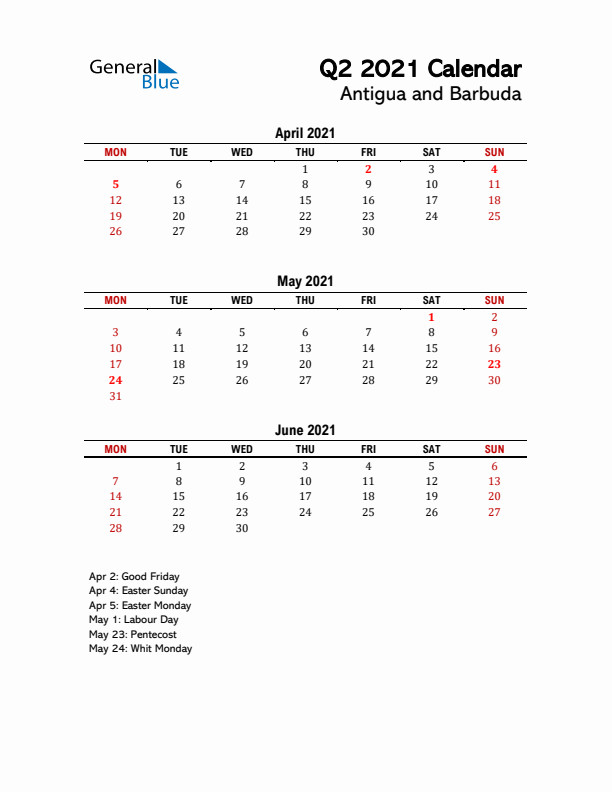 2021 Q2 Calendar with Holidays List for Antigua and Barbuda