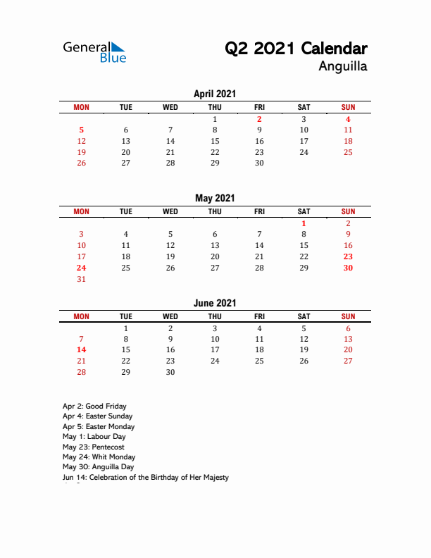 2021 Q2 Calendar with Holidays List for Anguilla