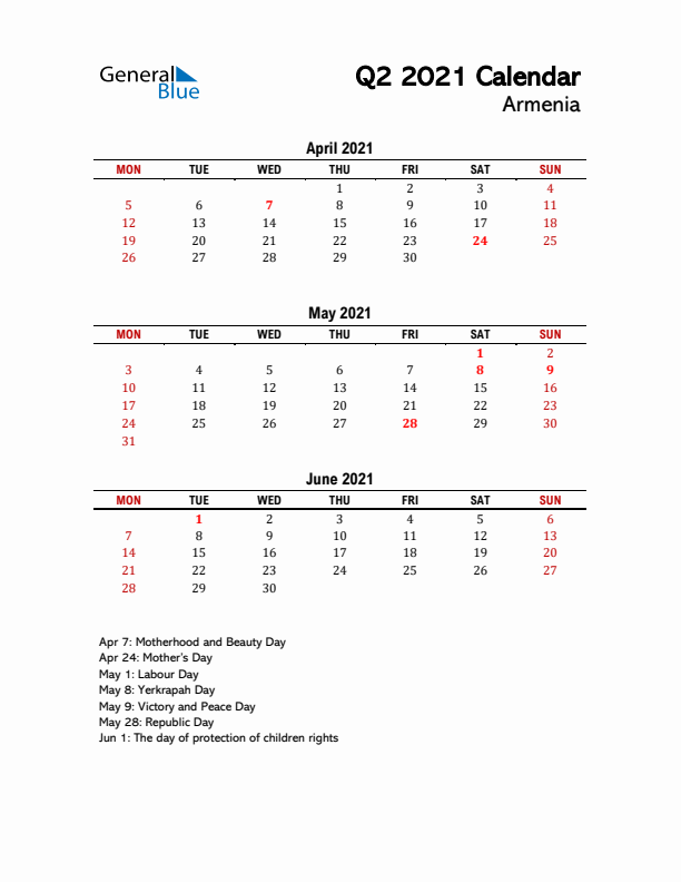 2021 Q2 Calendar with Holidays List for Armenia