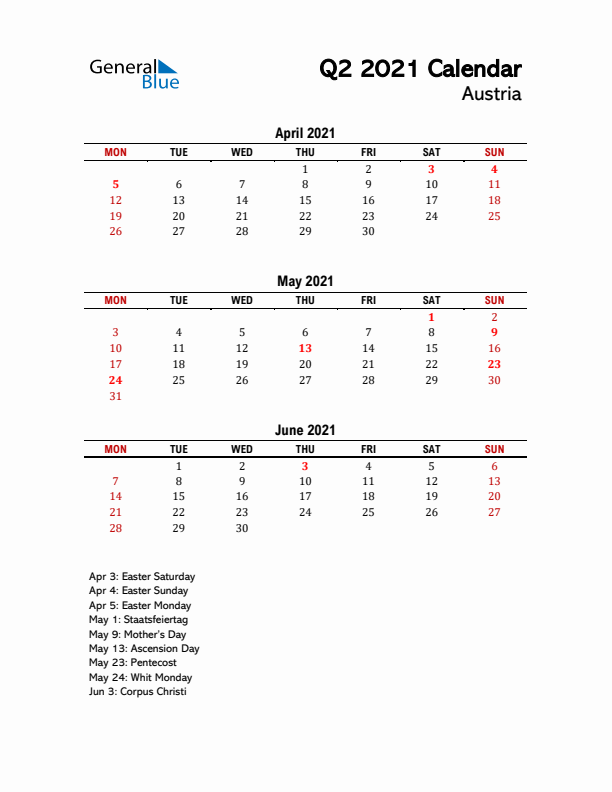 2021 Q2 Calendar with Holidays List for Austria