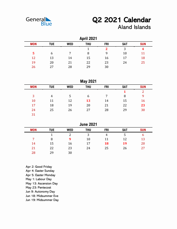 2021 Q2 Calendar with Holidays List for Aland Islands